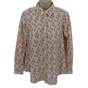 Foxcroft Women 6 Pink Flamingo Green Palm Leaf Collared Button Shirt Top Blouse